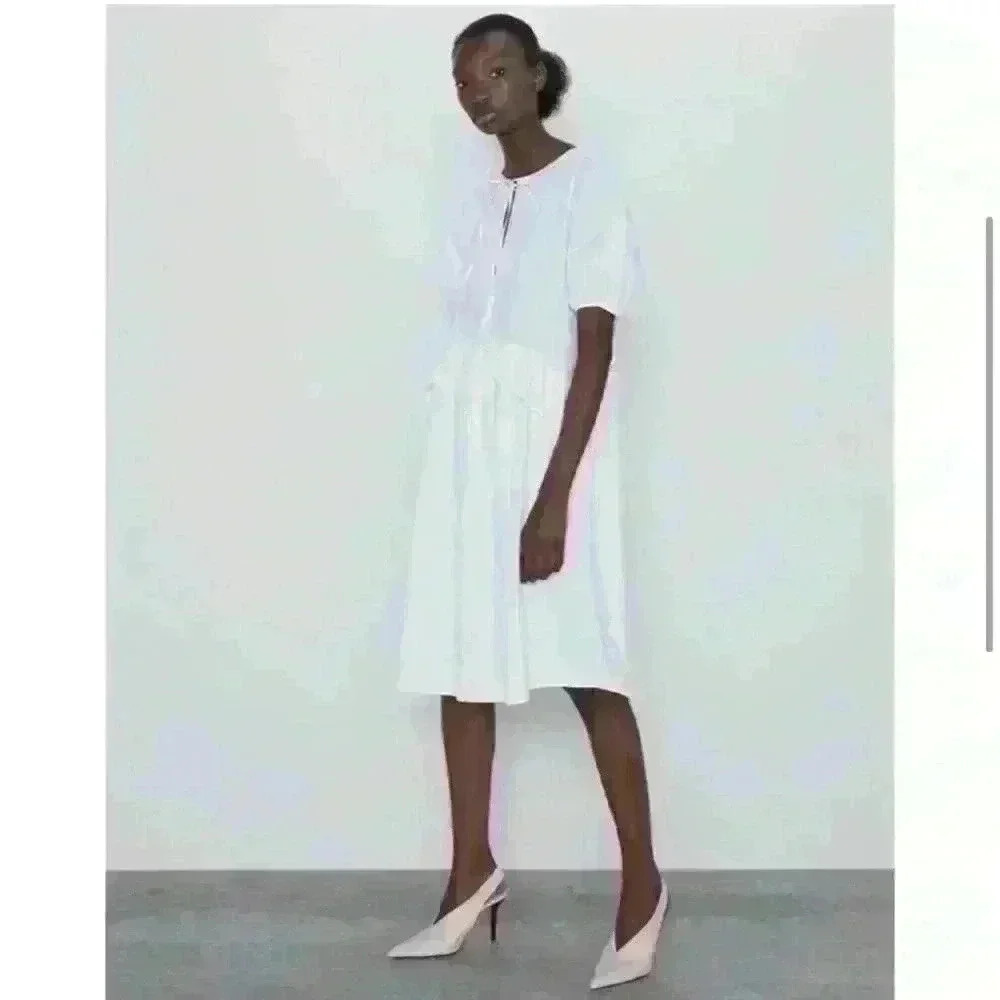 Zara White 100% Cotton Midi Dress Size Medium - Picture 1 of 5